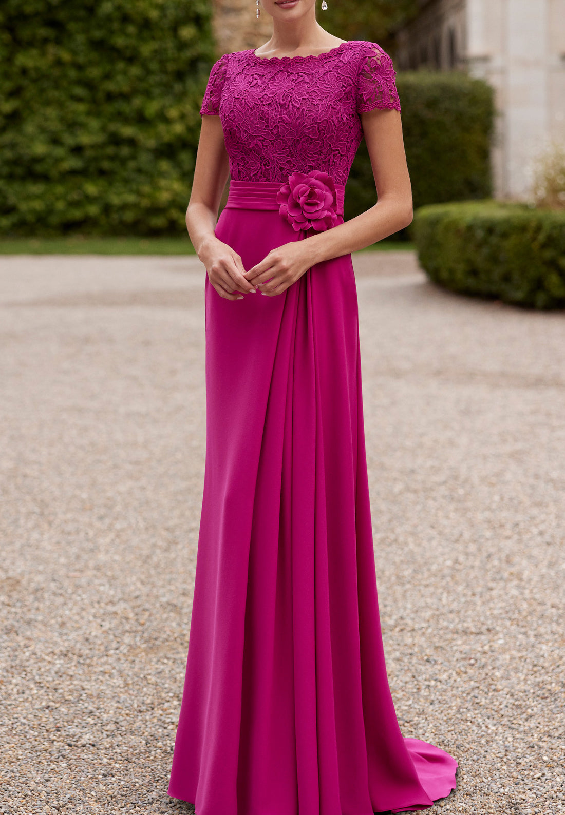Sheath Bateau Short Sleeves Lace Long Cocktail Dress Elegant Mother of the Bride Dress
