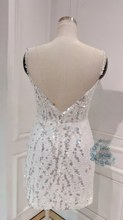 Custom wedding dress for the bride. Sexy V-deep short wedding dress. Beaded mini wedding dress with spaghetti sleeves for the party.