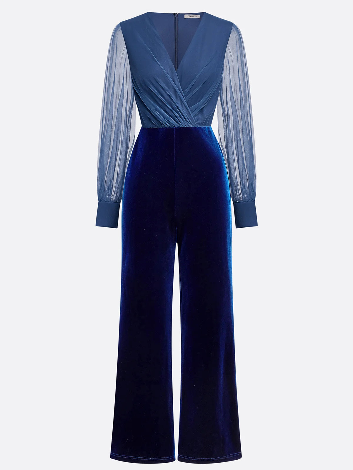 Women  Royal Blue Mesh  V Neck Long Sleeve Velvet Jumpsuit