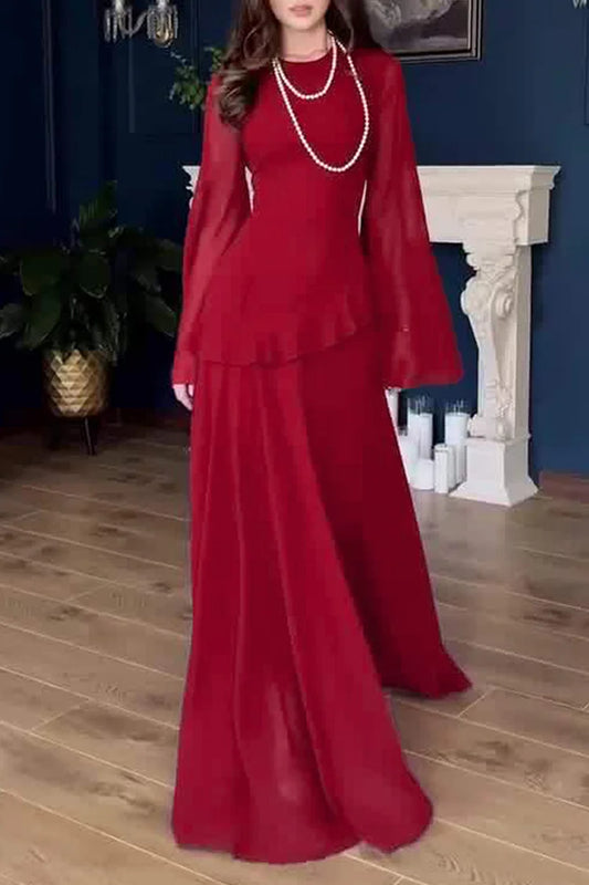 Round Neck Long Sleeve Ruffle Trim Lace Up Solid Color Maxi Dresses