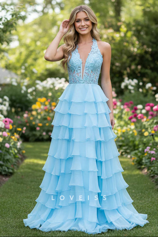 A-Line Halter Light Blue Ruffle Tiered Chiffon Long Prom Dresses with Appliques