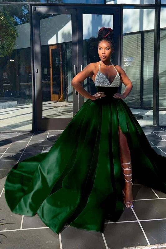 Glamorous Yellow Sequins V-Neck A-Line Prom Dress  Sleeveless With Split