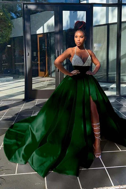 Glamorous Yellow Sequins V-Neck A-Line Prom Dress  Sleeveless With Split