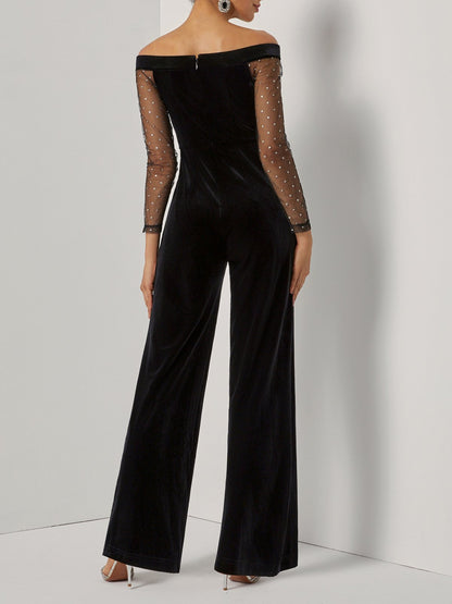 Women Velvet Black Mesh Off The Shoulder Long Sleeve Dressy Jumpsuit With Pockets