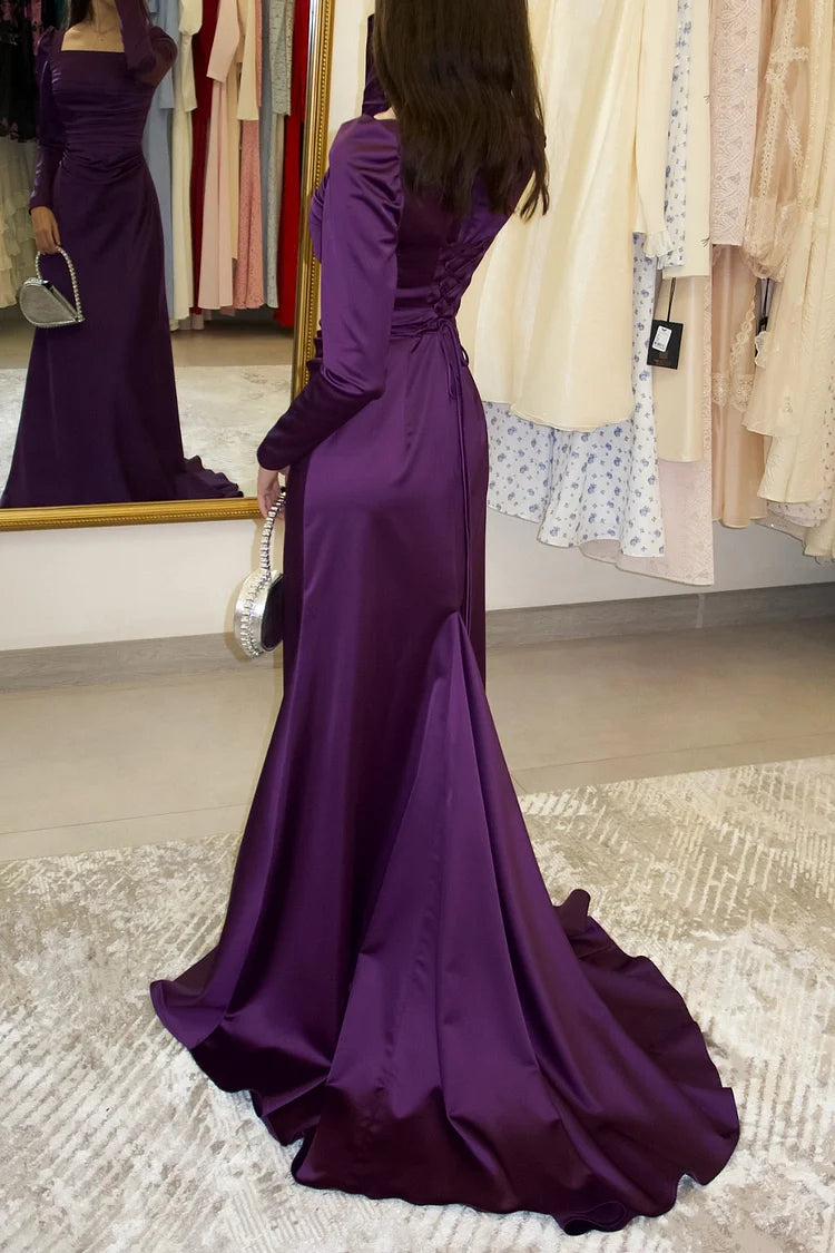 Square Neck Ruched Lace-Up Long Sleeve Party Maxi Dresses