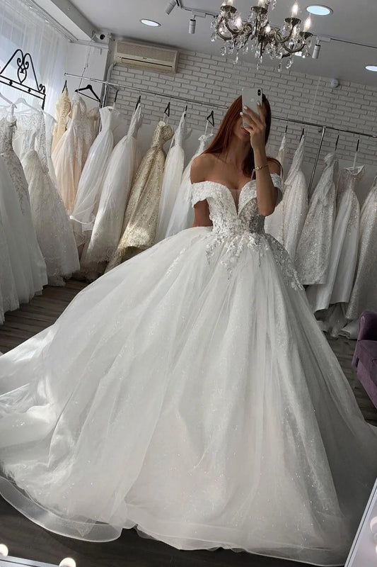 Shiny Off The Shoulder Ball Gown Wedding Dress With Lace Sweetheart