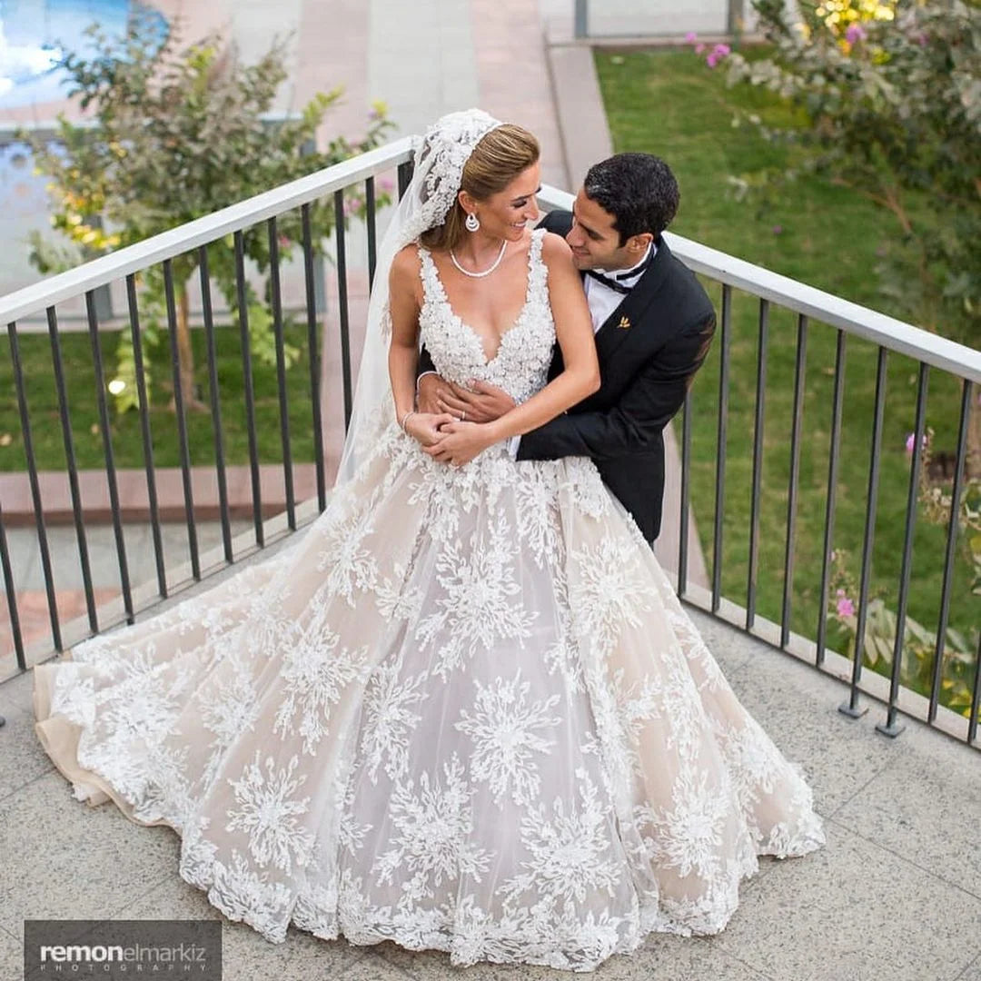 Glamorous Long A-line Floral Wedding Dress With V-Neck Lace