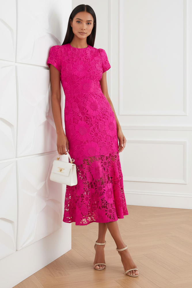 Scoop Short Sleeves A-Line  Lace Dress