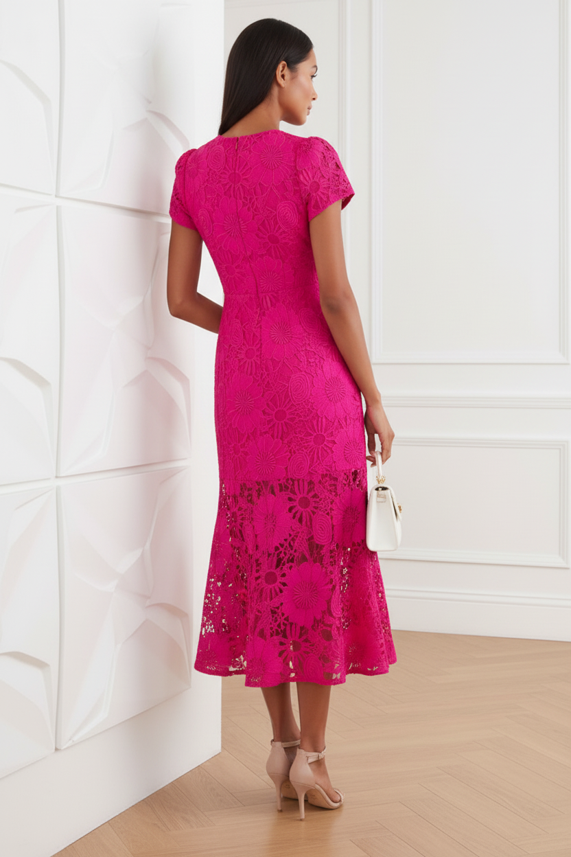 Scoop Short Sleeves A-Line  Lace Dress
