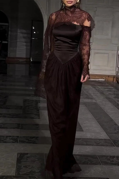 Lace Trim See Through High Neck Tied Slit Hem Maxi Dresses