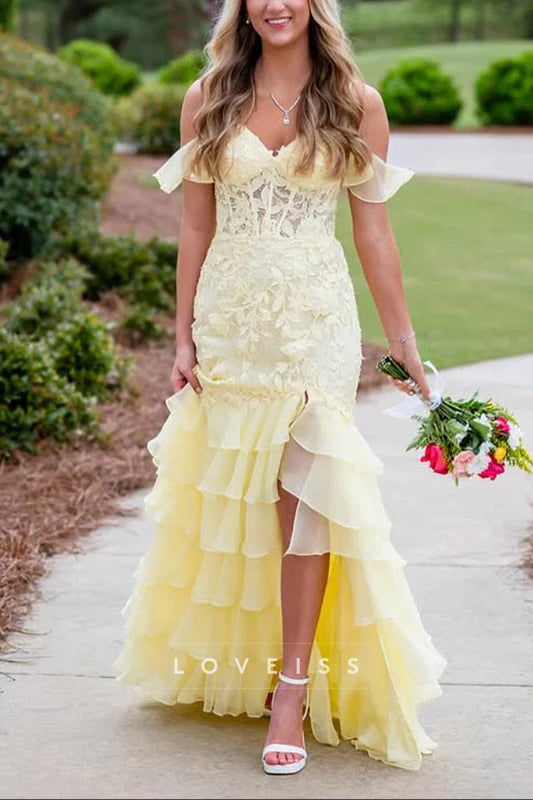 Cute Mermaid Sweetheart Daffodial Tiered Chiffon Prom Dress with Slit