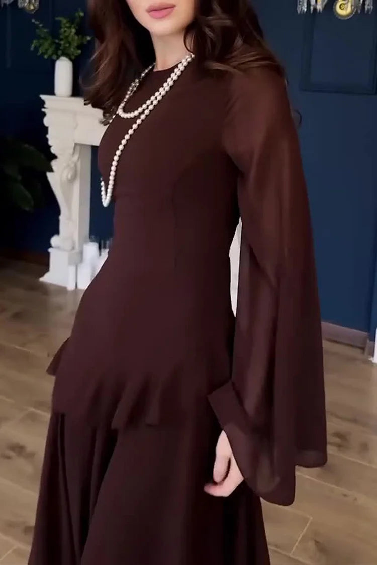 Round Neck Long Sleeve Ruffle Trim Lace Up Solid Color Maxi Dresses