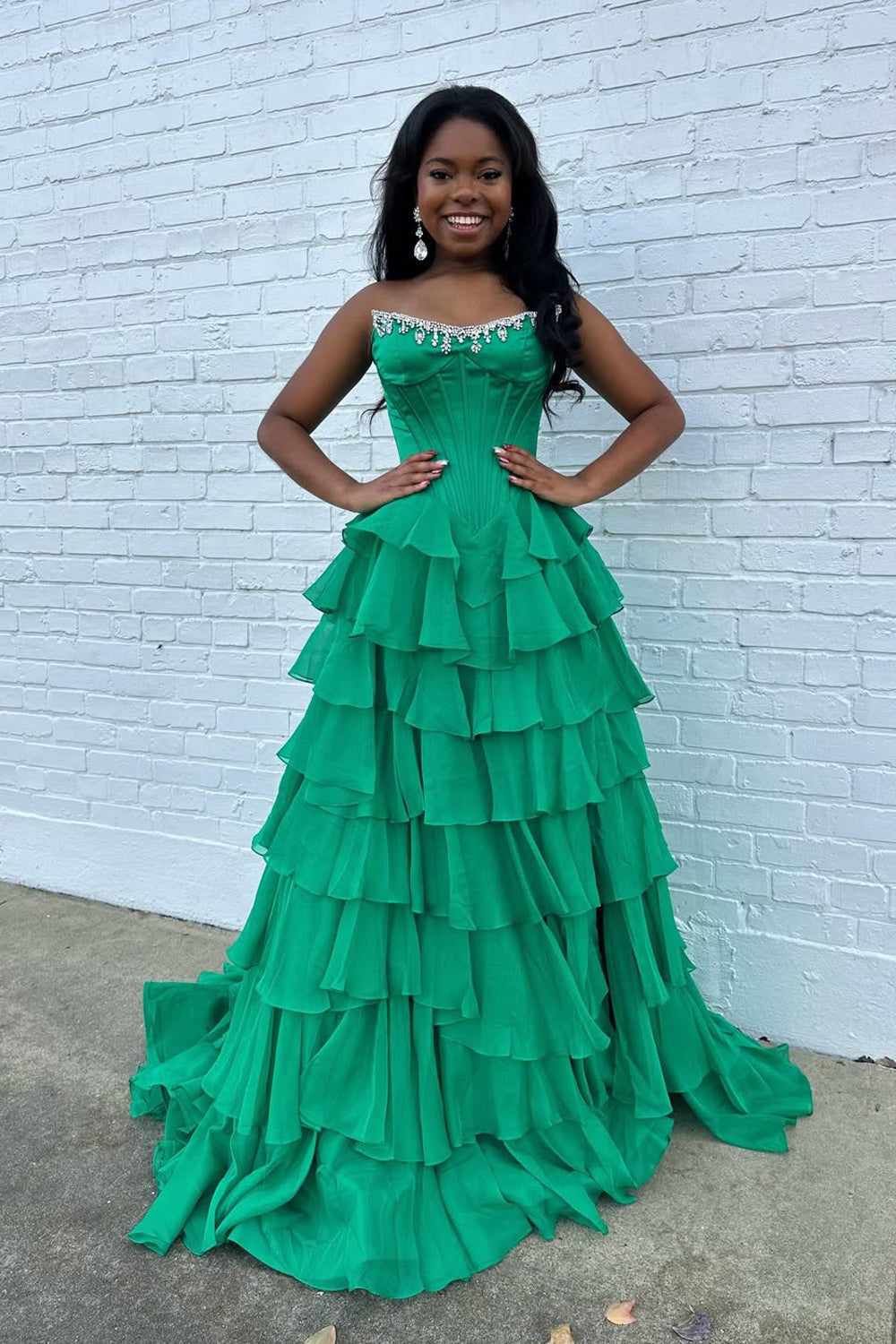 Cute Scoop Neck Green Chiffon Tiered Prom Dress with Beading