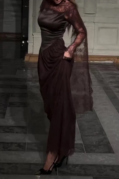 Lace Trim See Through High Neck Tied Slit Hem Maxi Dresses