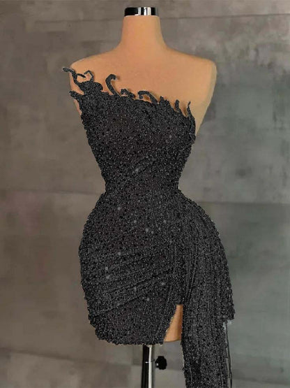 Lussooy Gorgeous High Neck Brown Chiffon Long Sleeves Short Prom Dress with Pleated