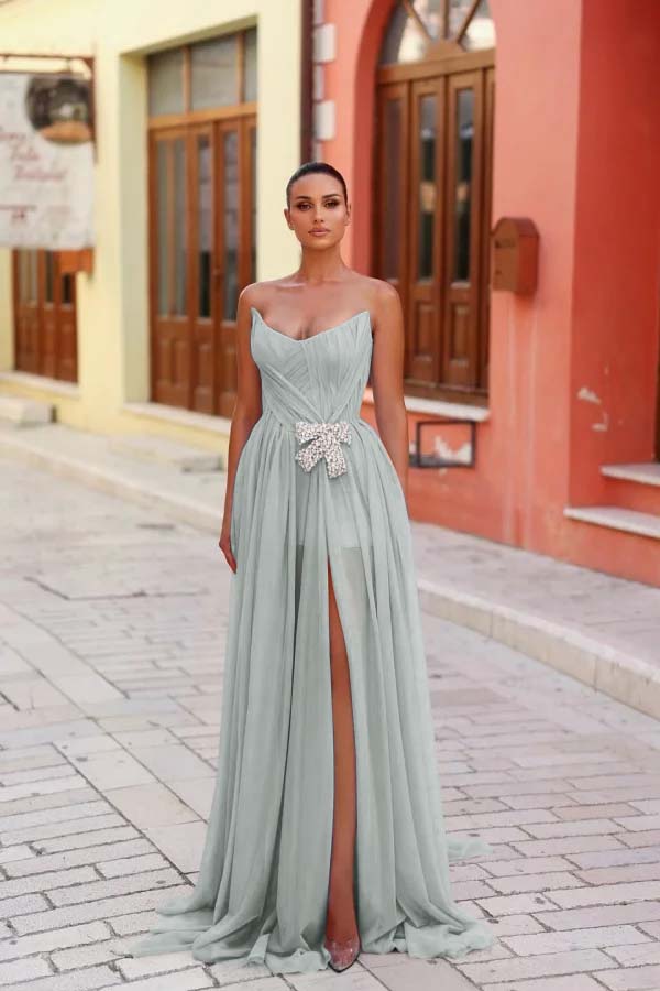 Lussooy Chic Spaghtti Strap Silver Satin Sleeveless Prom Dress with Split