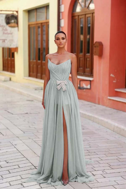 Lussooy Chic Spaghtti Strap Silver Satin Sleeveless Prom Dress with Split
