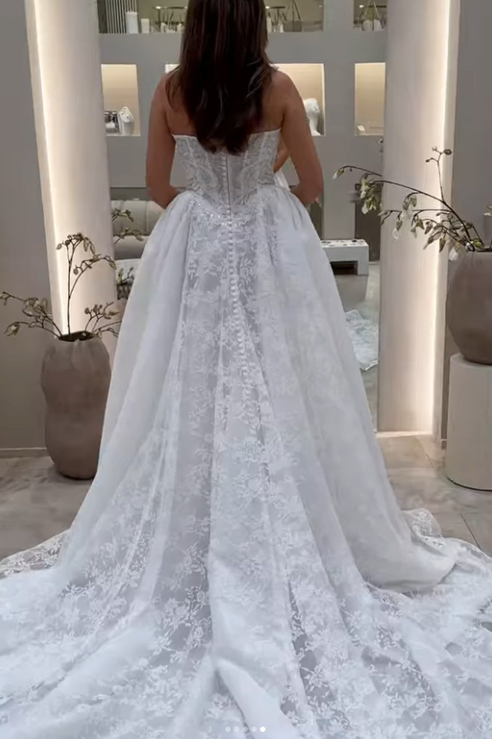 A-Line Strapless Floral Lace Wedding Dresses with Pearls DM25102204