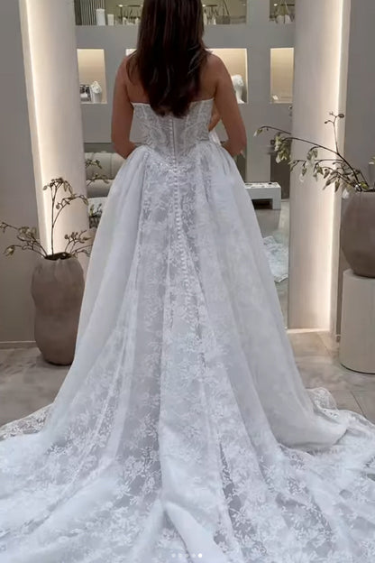 A-Line Strapless Floral Lace Wedding Dresses with Pearls DM25102204