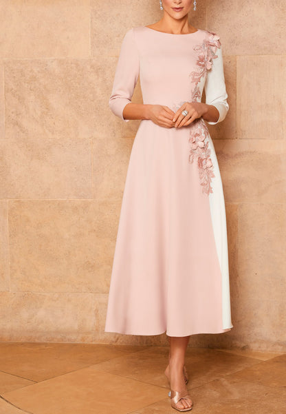 Scoop Long Sleeves Floral Pleated Sleek Satin Mother of Bride Dress Cocktail Dress
