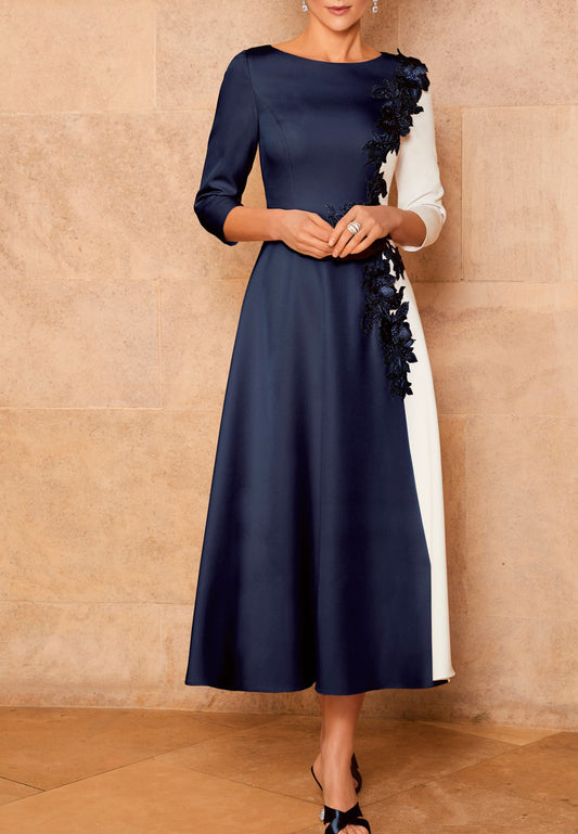 Scoop Long Sleeves Floral Pleated Sleek Satin Mother of Bride Dress Cocktail Dress