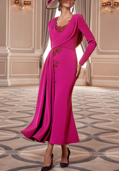 V-Neck Long Sleeves Appliques Chiffon Sheath Ruched Mother of Bride Dress