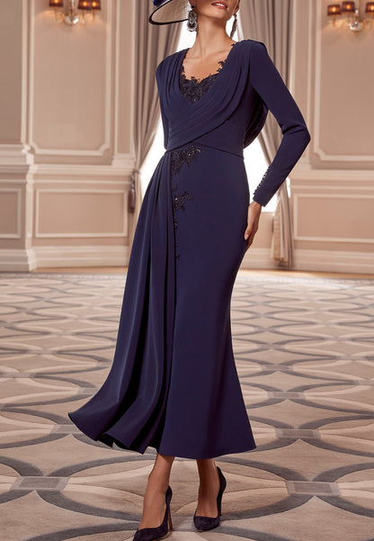 V-Neck Long Sleeves Appliques Chiffon Sheath Ruched Mother of Bride Dress