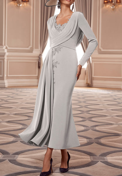V-Neck Long Sleeves Appliques Chiffon Sheath Ruched Mother of Bride Dress