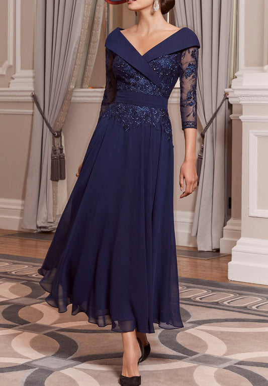 Off-Shoulder Long Sleeves Appliques Pleated Chiffon A-Line Mother of Bride Dress Cocktail Dress