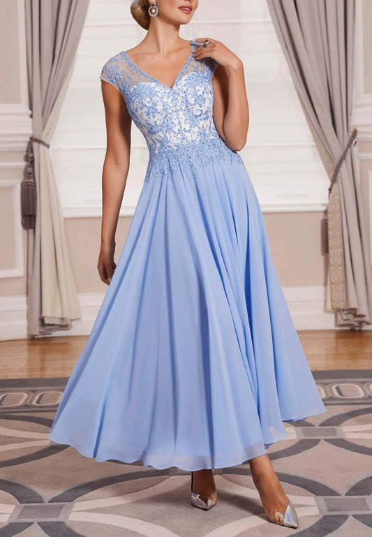 V-Neck Cap Sleeves Appliques Pleated A-Line Chiffon Mother of Bride Dress Cocktail Dress