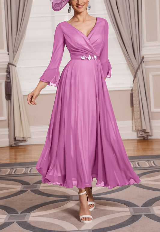 V-Neck Long Sleeves Chiffon Pleated A-Line Mother of Bride Dress Cocktail Dress