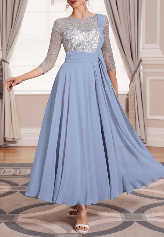 Scoop 34 Length Sleeves Appliques Chiffon Pleated A-Line Motherof Bride Dress Cocktail Dress