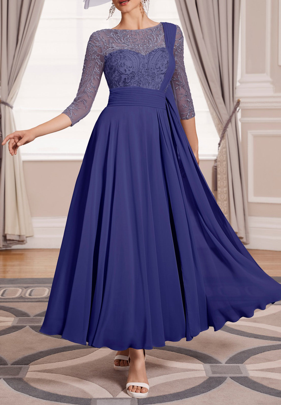 Scoop 34 Length Sleeves Appliques Chiffon Pleated A-Line Motherof Bride Dress Cocktail Dress