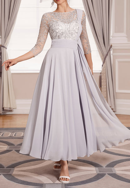 Scoop 34 Length Sleeves Appliques Chiffon Pleated A-Line Motherof Bride Dress Cocktail Dress