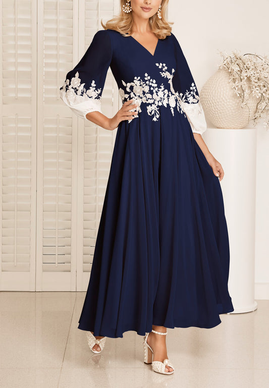 V-Neck Long Sleeves Pleated Appliques Mother of Bride Dress