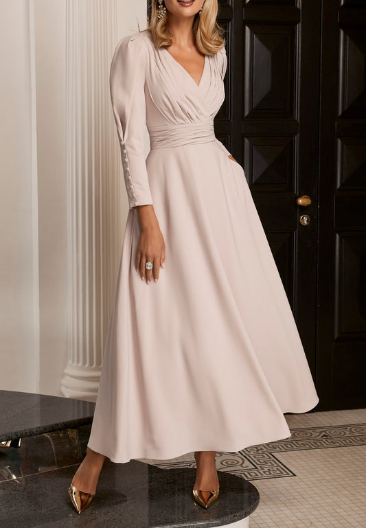 V-Neck Long Sleeves Pleated A-Line Chiffon Mother of Bride Dress Cocktail Dress