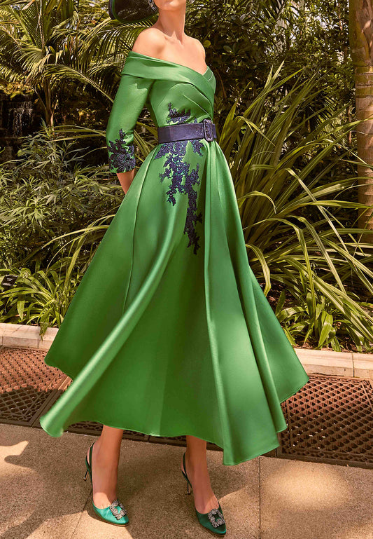 Off-Shoulder Long Sleeves Pleated Satin A-Line Mother of Bride Dress