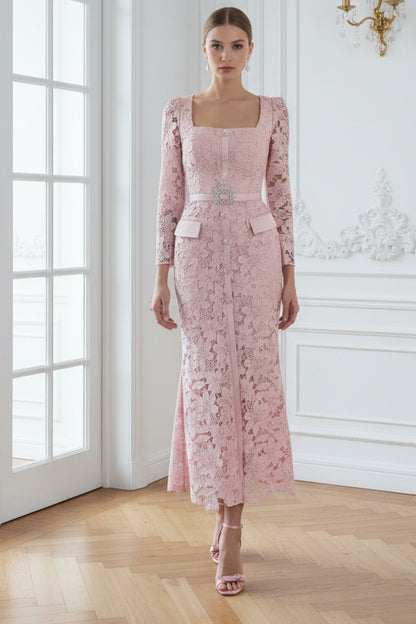 Square Long Sleeves Lace Appliques Mermaid Wedding Guest Dress