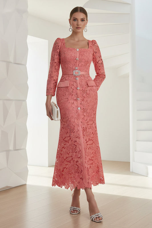Square Long Sleeves Lace Appliques Mermaid Wedding Guest Dress