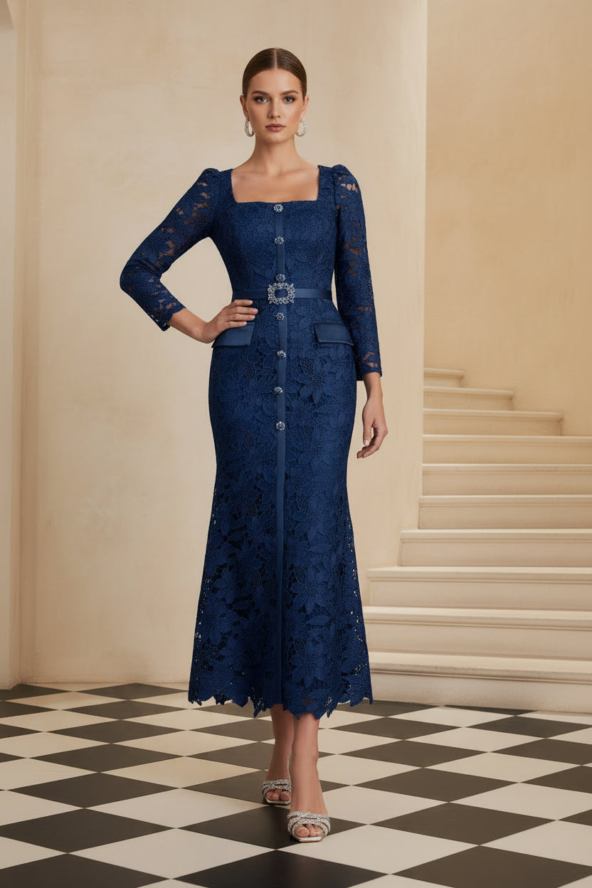Square Long Sleeves Lace Appliques Mermaid Wedding Guest Dress