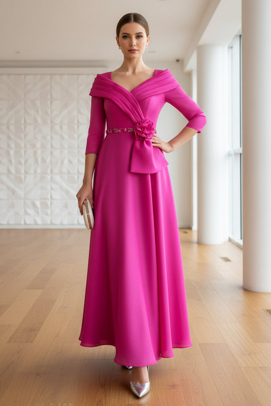 V-Neck Long Sleeves 3D Floral A-Line Mother of Bride Dress