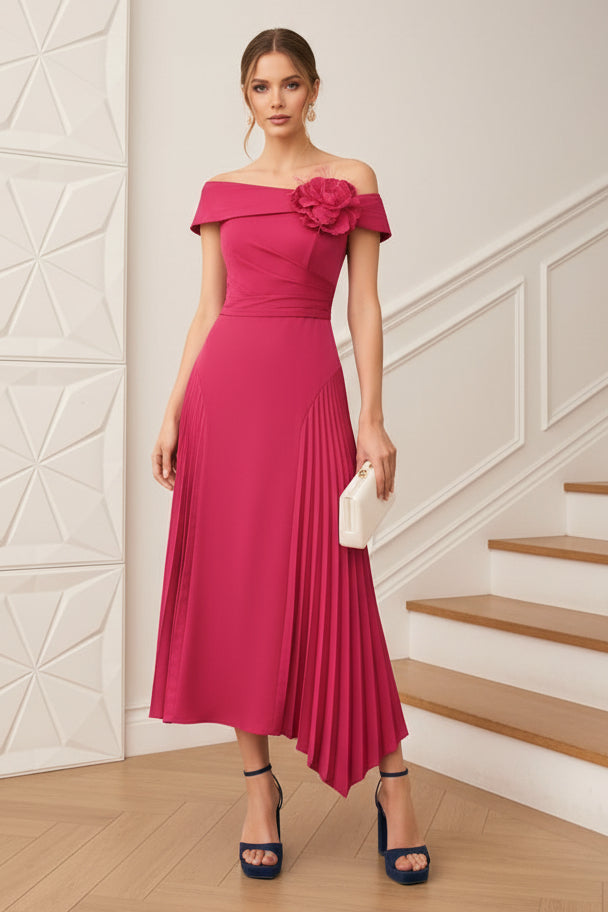 Off-Shoulder 3D Floral Pleated A-Line Mother of Bride Dress