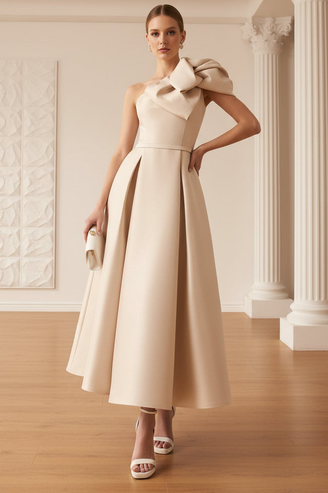 One Shoulder Satin A-Line Wedding Guest Dress