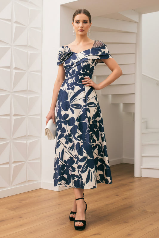 V-Neck Floral Printed A-Line Mother of Bride Dress