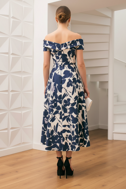 V-Neck Floral Printed A-Line Mother of Bride Dress