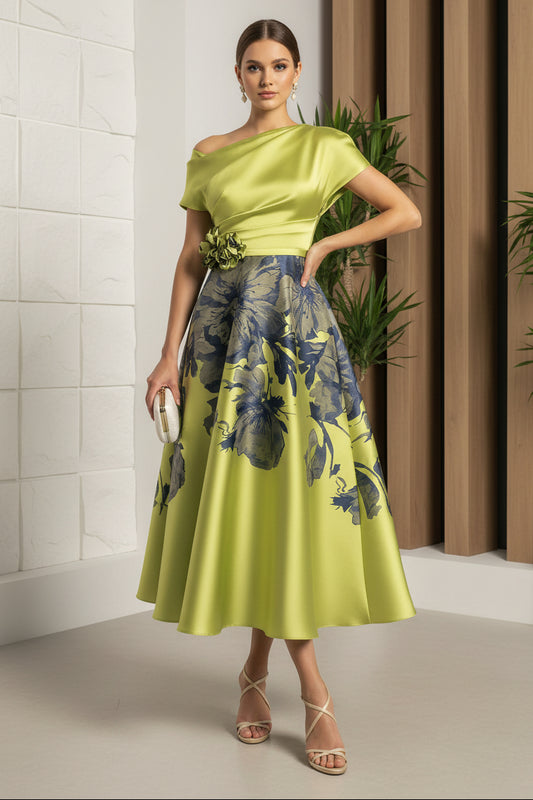 One Shoulder Short Sleeves Printed A-Line Mother  of Bride Dress