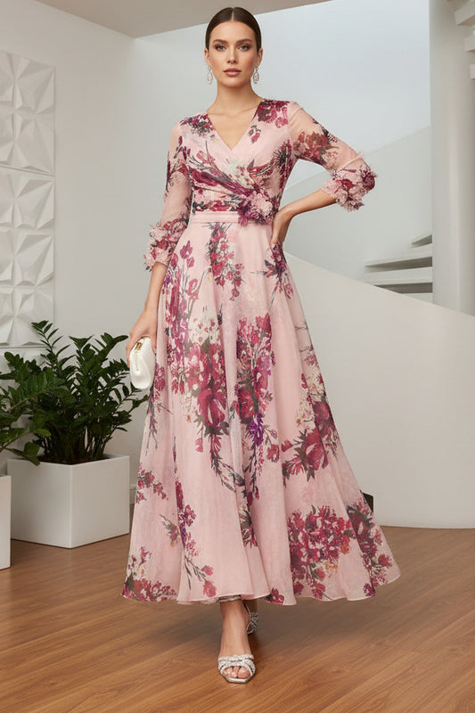 V-Neck  Long Sleeves Floral Printed Summer Mother of Bride Dress