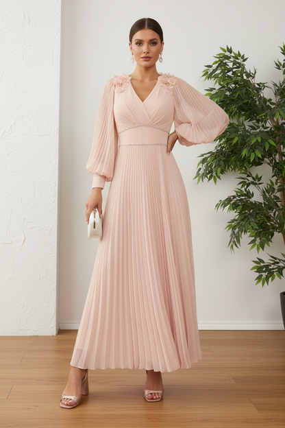 V-Neck Long Sleeves Pleated A-Line Mother of Bride Dress