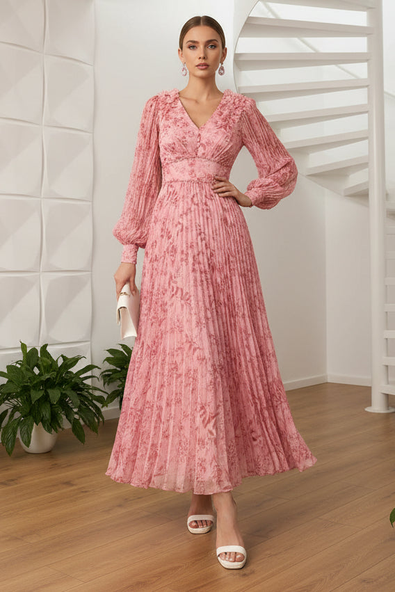 V-Neck Long Sleeves Pleated A-Line Mother of Bride Dress