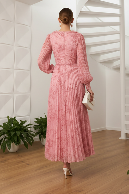 V-Neck Long Sleeves Pleated A-Line Mother of Bride Dress